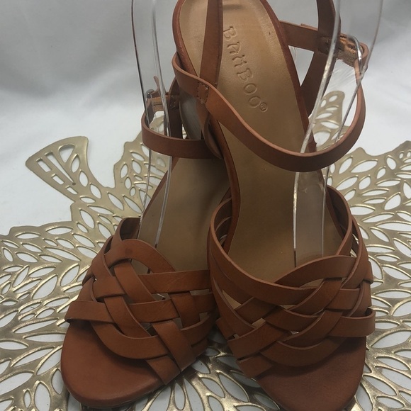 Bamboo Vegan Leather Weaved Vamp Chunky Heel Sandals Size 6.5 - Picture 4 of 10